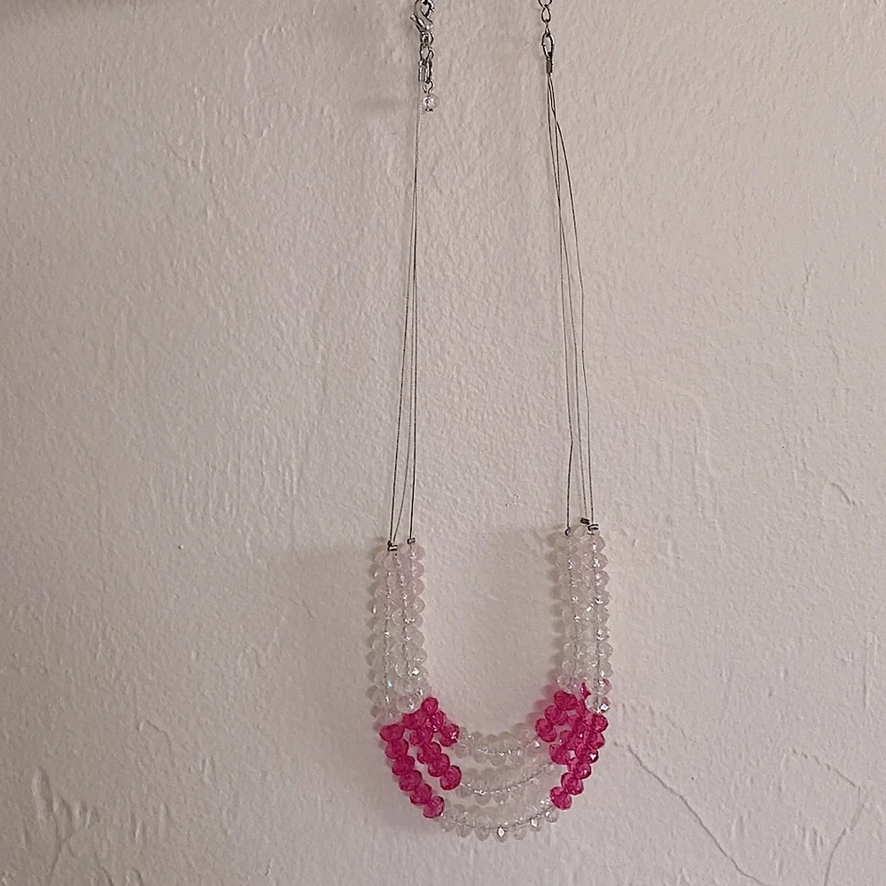 Silver “Invisible” Necklace With White And Hot Pink Beads - Picture 5 of 16